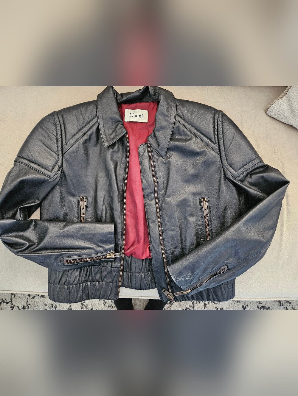 Ganni Women's Black Leather Bomber Jacket with Burgundy Lining